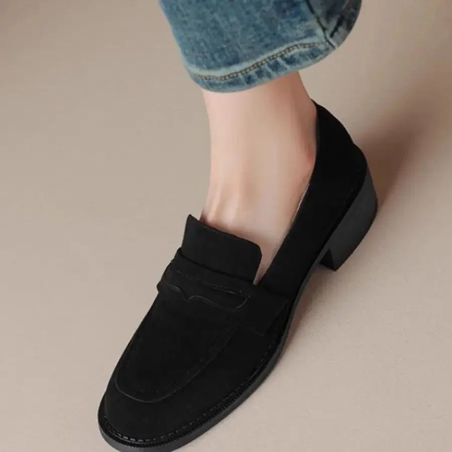 British Style Fleece Lined Chunky Heel Loafers Women's Shoes Retro French Vintage Leather Casual Shoes Rubber Sole Adult Footwear