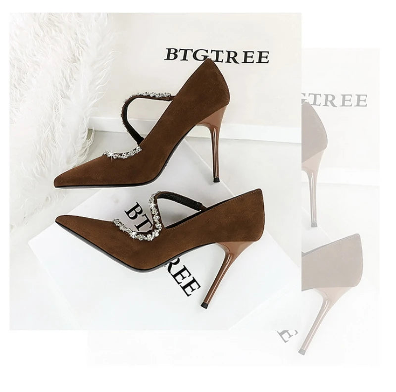 Banquet Pointed Toe High Heels Diamond Chain One-Strip Thin Heel Super High Heels Light Mouth Elegant Lace-Up
