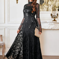 Black Lace Mermaid Elegant Evening Dress for Women High Neck Long Sleeve Sequins Party Dresses Prom Gowns Wedding