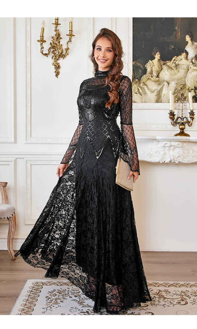 Black Lace Mermaid Elegant Evening Dress for Women High Neck Long Sleeve Sequins Party Dresses Prom Gowns Wedding