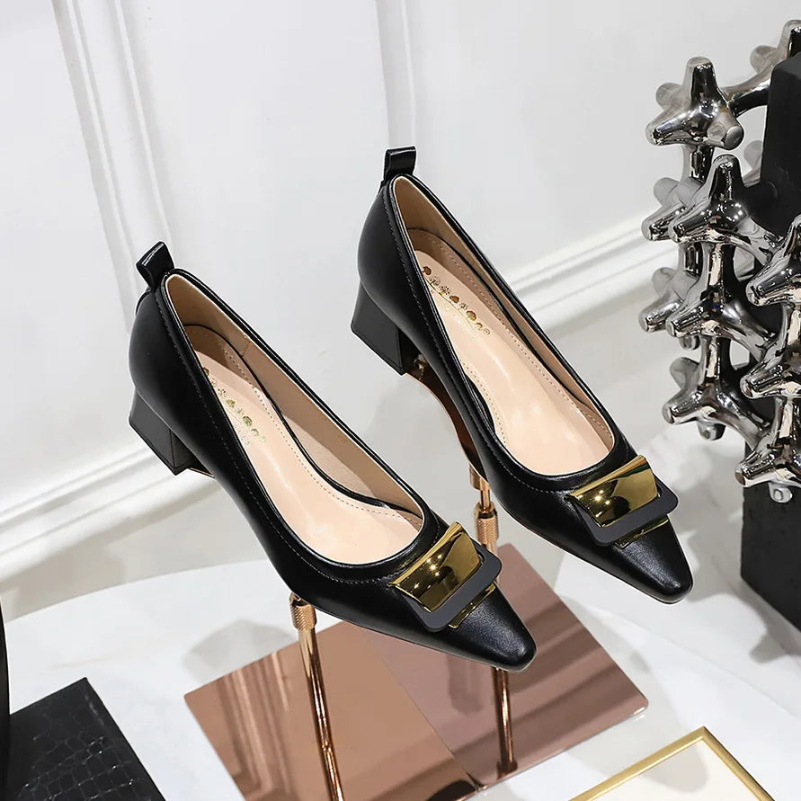 Professional Women's Shoes With Shallow Mouth Small Square Toe Metal Buckle 4.5CM Thick Heel Shoes