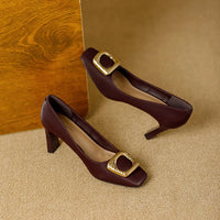 Basic Shallow Square Toe Women Pumps High Quality PU Leather Matte Thick Heel Office Shoes Woman Maroon 7CM High Heels