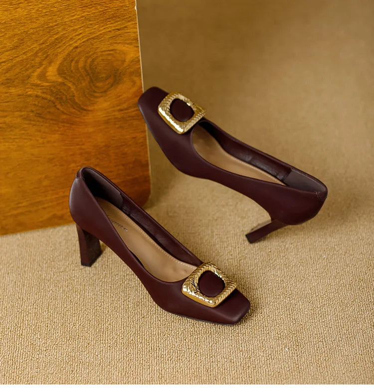 Basic Shallow Square Toe Women Pumps High Quality PU Leather Matte Thick Heel Office Shoes Woman Maroon 7CM High Heels
