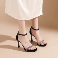 Suede Women's Sandals Thin Heels 9cm Ankle Buckle Rhinestone Straight Straps Cover Heel Ladies Pumps Dress Shoes
