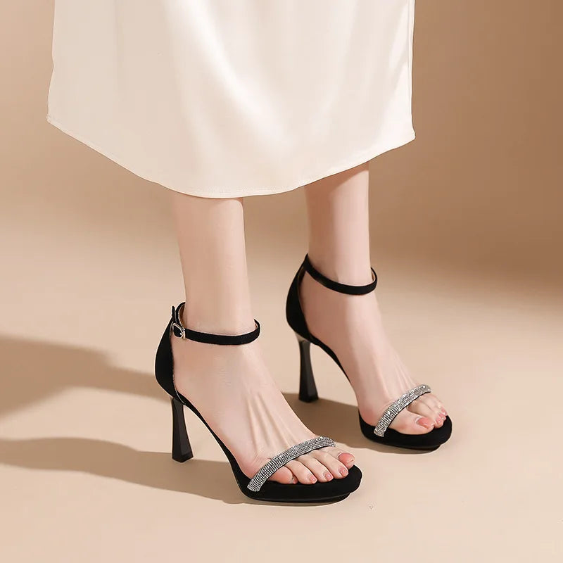 Suede Women's Sandals Thin Heels 9cm Ankle Buckle Rhinestone Straight Straps Cover Heel Ladies Pumps Dress Shoes