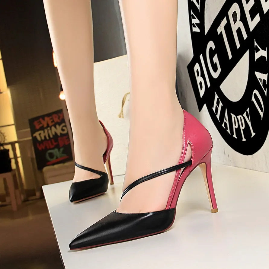 Women 9.5cm High Heels Sandals Nightclub Stripper Heels Sexy Patchwork Party Ankle Strap 2 tone Shoes
