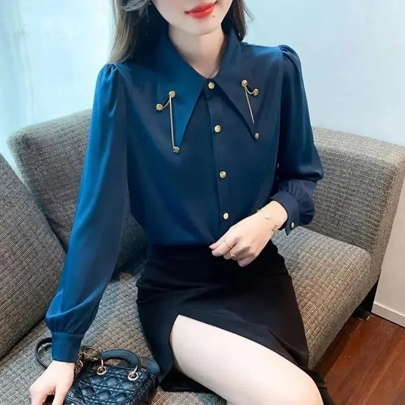 Early Pure Color Long Sleeve Polo Collar Women's Shirt Inner Wear French Style Elegant
