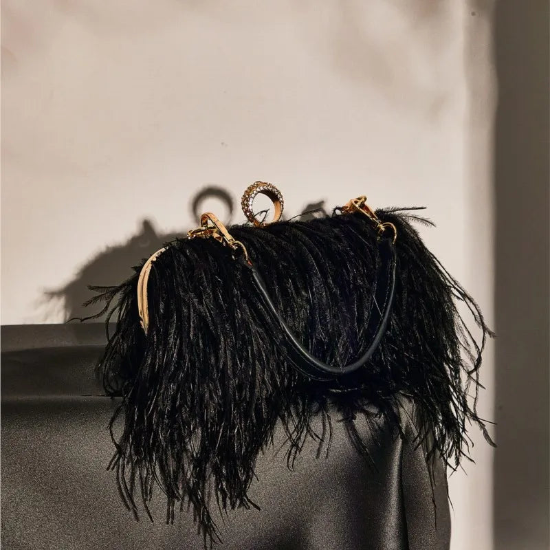 Women Ostrich Feather Clutch Purse Evening Bag Handbag Fluffy Purse Clutch Feather Evening Handbag For Wedding Anniversary Party