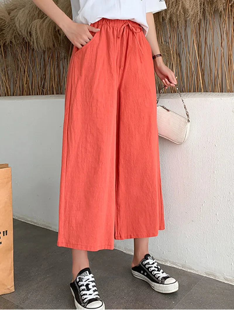 Casual Baggy Wide Leg Trousers Women Summer Thin Comfy Breathable Ankle Length Pants Vintage Loose Cotton Linen Straight Pants