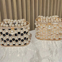 Luxury Pearl Beaded Metal Cage Hollow Out Women Handbag Rhinestones Diamond Evening Bag Wedding Party Clutch Purse Crossbody Bag