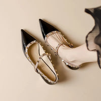 Elegant French Style Cropped Studded Flat Bottom Sandals Women's Summer Tweed Pattern Medial Vacancy Pointe Roman Design