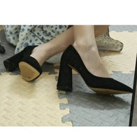 Summer Women 8.5cm High Heels Pumps Elegant Sweet Lady Wedding Block Square Middle Heels Flock Suede Nightclub Shoes