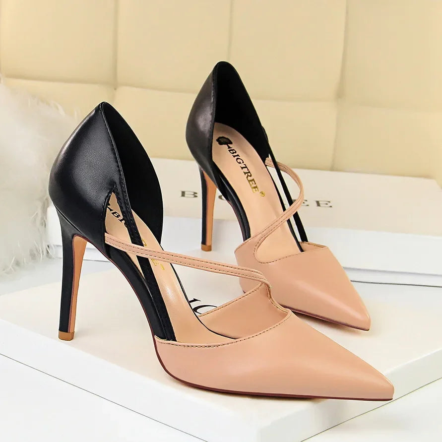 Women 9.5cm High Heels Sandals Nightclub Stripper Heels Sexy Patchwork Party Ankle Strap 2 tone Shoes