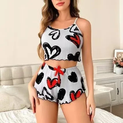 Cute Pajamas For Women Strawberry Print PJ Set Crop Cami Tops And Shorts Set 2 Piece Lounge Sets