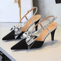 French Style Velvet Pointed Toe High Heels Hollow out Embroidery Butterfly Knot Party Shoes Women's Low Heel Single Shoes