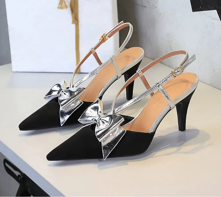 French Style Velvet Pointed Toe High Heels Hollow out Embroidery Butterfly Knot Party Shoes Women's Low Heel Single Shoes