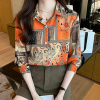 Slim Floral Long-sleeved Shirt Loose Printed Top for Women