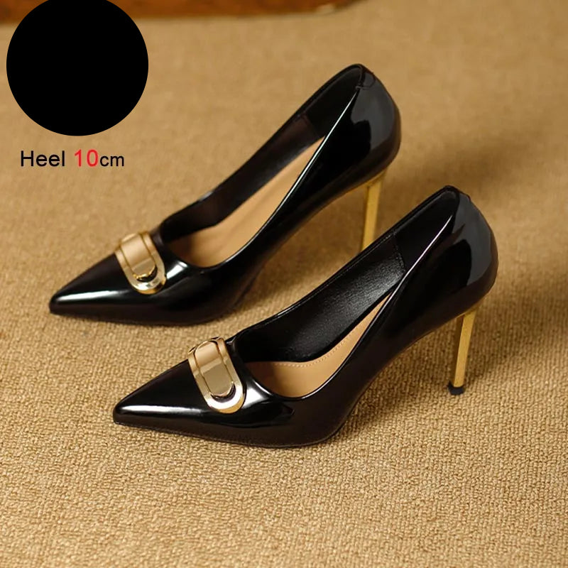 French Style Single Shoes Spring Women Pumps New Pointed Toe Shallow Mouth Metallic Buckle Commuting Shoes Stiletto Single Shoes
