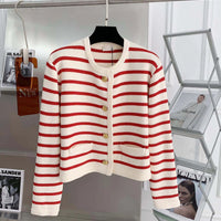 Chic Striped O Neck Sweaters Women Autumn Winter Korean Fashion Long Sleeve Knitwear Coats Single Breasted Knitted Cardigans Natalia Home Fashion    Natalia Home Fashion