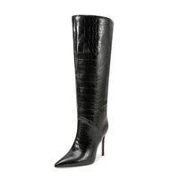 Embossed leather Mid-Calf boots Pointed toe Plush lining Slip-on Stilettos heels Modern boots - Natalia Home Fashion