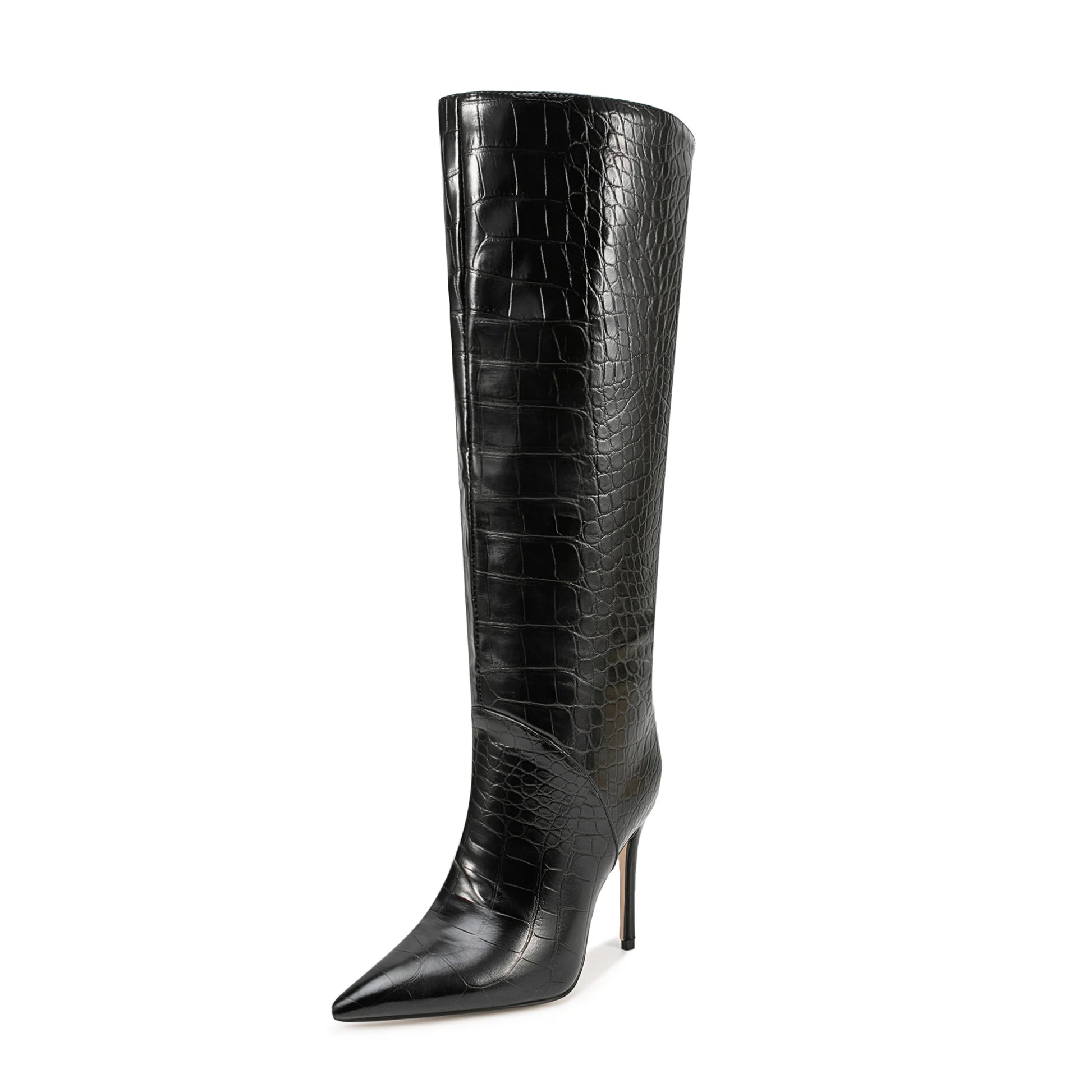 Embossed leather Mid-Calf boots Pointed toe Plush lining Slip-on Stilettos heels Modern boots - Natalia Home Fashion
