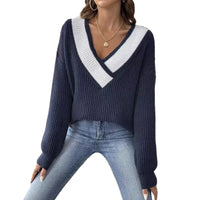 Loose Knitted Sweater V-Neck Color Block Design Women's Overhead Shirt Full Sleeve Polyester Fiber Cross-Border Fashion