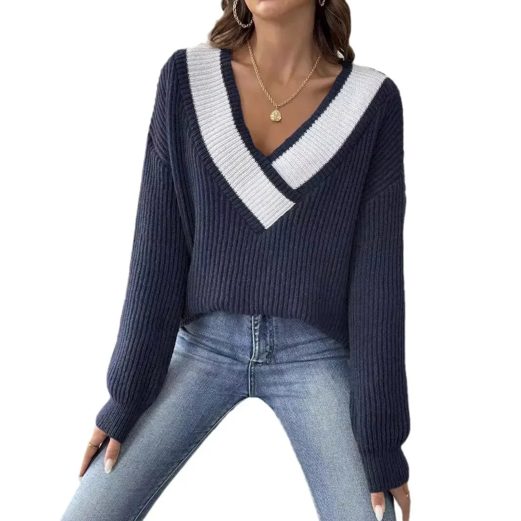 Loose Knitted Sweater V-Neck Color Block Design Women's Overhead Shirt Full Sleeve Polyester Fiber Cross-Border Fashion