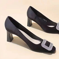 Black Work Shoes Women's Slip-On Chunky Heel Medium Heel Versatile Boat Shoes Square Buckle Rhinestone Single Shoes