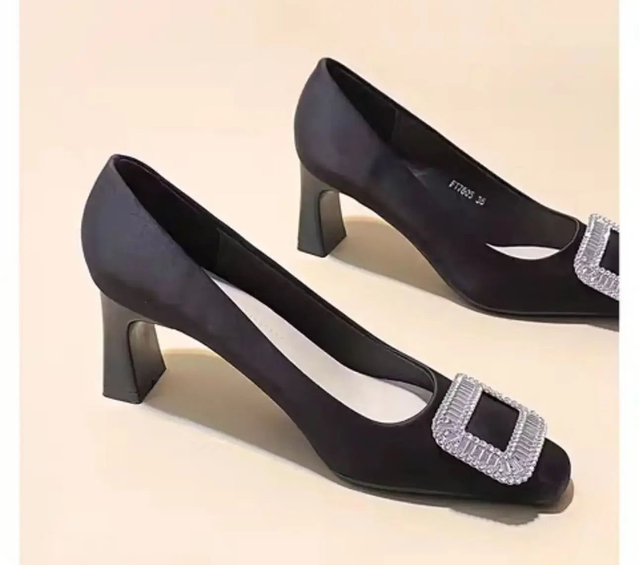 Black Work Shoes Women's Slip-On Chunky Heel Medium Heel Versatile Boat Shoes Square Buckle Rhinestone Single Shoes
