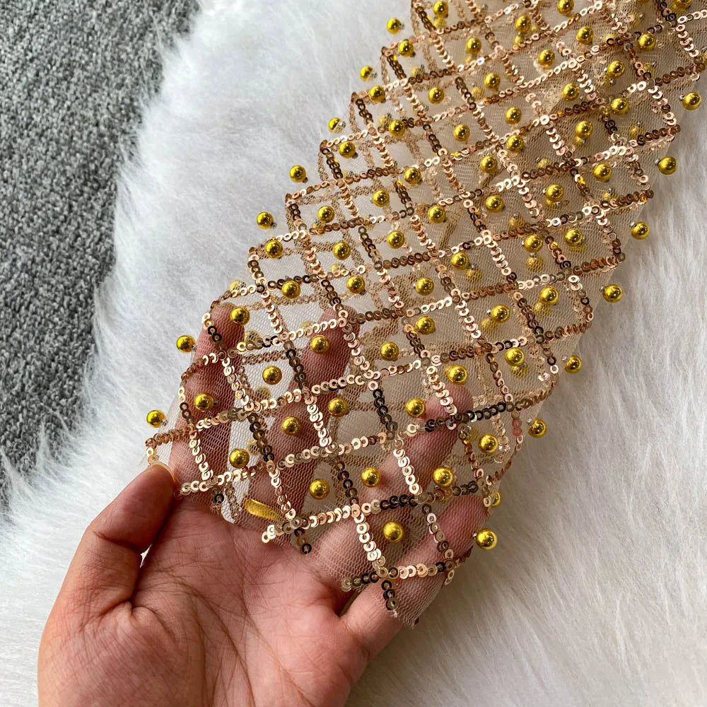 Women Plaids Sequined Embroidery Mesh Spliced T-shirt Slim High Waist Pearls Beaded Gauze Tees O-Neck Long Sleeved Crop Tops