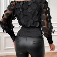 Fashion Women's Shirt Floral Pattern Shirred Sheer Mesh Patch Long Sleeve Off The Shoulder Gigot Sleeve Top