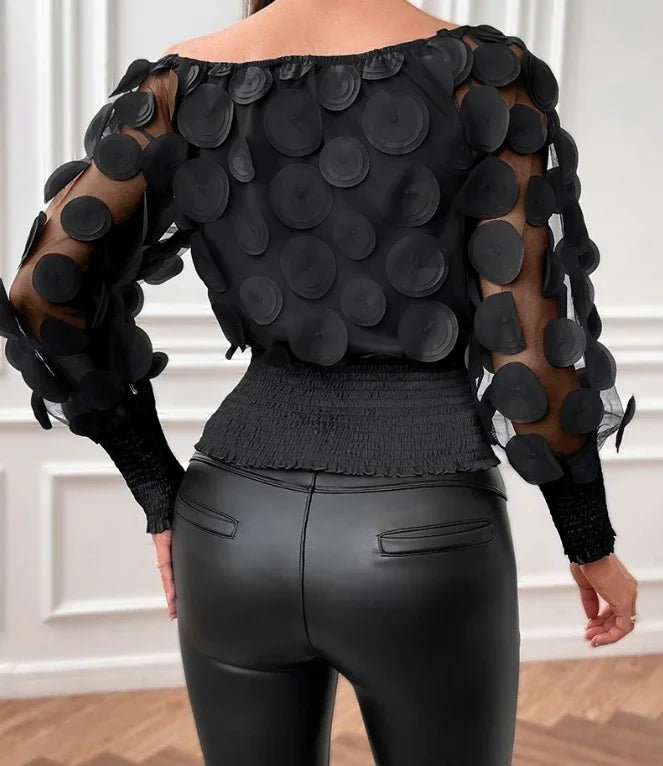 Fashion Women's Shirt Floral Pattern Shirred Sheer Mesh Patch Long Sleeve Off The Shoulder Gigot Sleeve Top