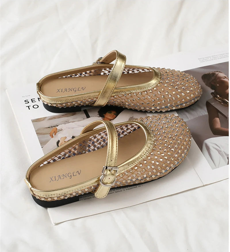 Luxury Shinny Diamond Women Mules Slippers Summer Shoes Crystal Footwear Rhinestones Slip On Brand Mary Jane Sandals Mesh Clogs