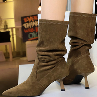 Women Pleated Elastic boots Woman Stiletto 6.5 CM High heel boots Suede Ankle boots Fashion Pointed short boots