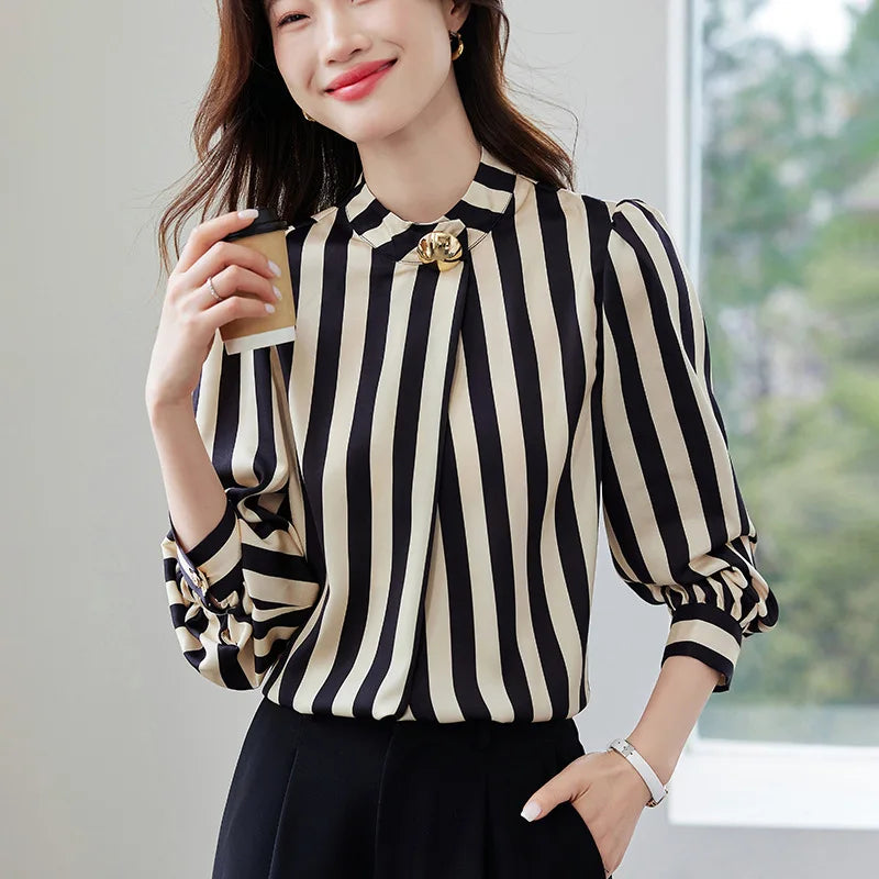 Elegant Commuter Long Sleeve Striped Shirt Women's Stand Collar Button up Polyester Fiber Straight Cut Fashionable Business wear