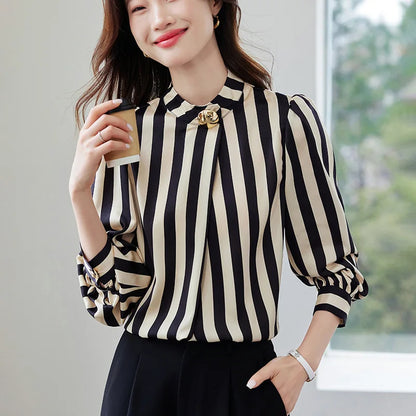 Elegant Commuter Long Sleeve Striped Shirt Women's Stand Collar Button up Polyester Fiber Straight Cut Fashionable Business wear