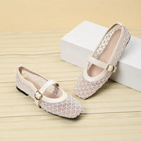 Fishnet Ballet Flats Square Toe Breathable Hollow Mesh Sandals Casual and Comfortable Mary Jane Shoes