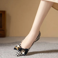 Pointed Toe Slip on Pumps Women's Low Heel Shoes with Bow Tie Shallow Metal Decoration & Versatile Plus Size Shoes
