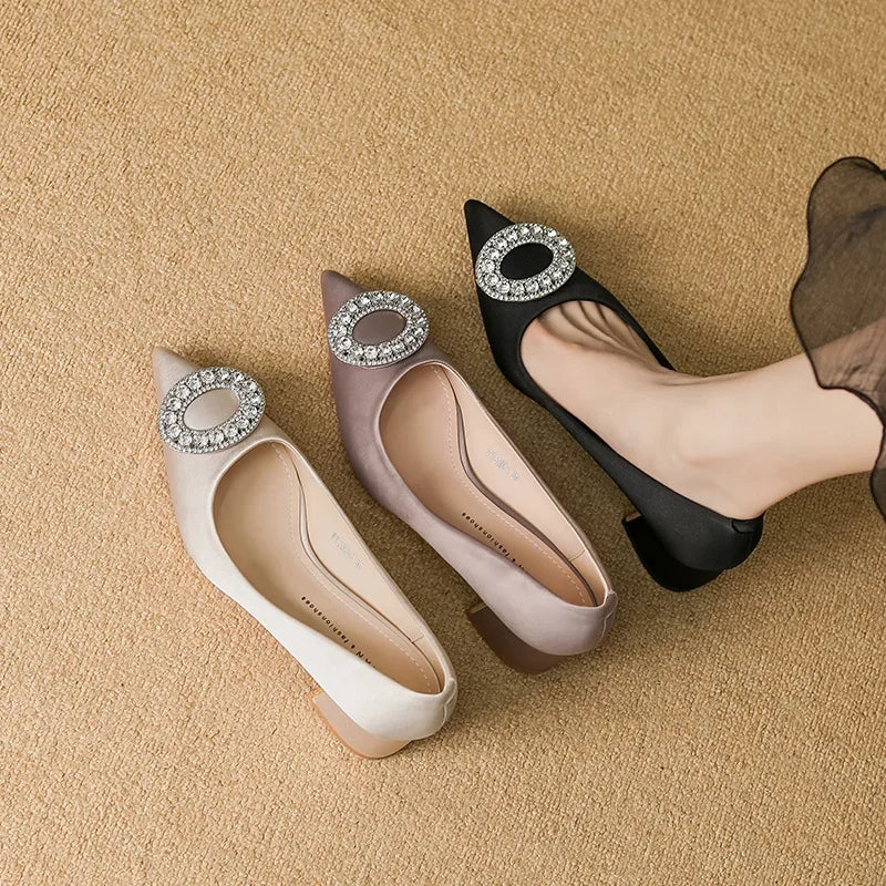 Soft Leather Black Pointed Toe Work Shoes Spring Autumn New Style Comfortable Thick Heel Professional Soft Bottom Shoes