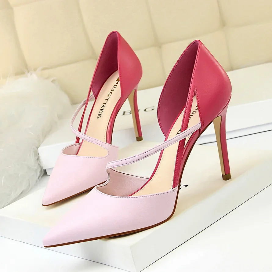 Women 9.5cm High Heels Sandals Nightclub Stripper Heels Sexy Patchwork Party Ankle Strap 2 tone Shoes