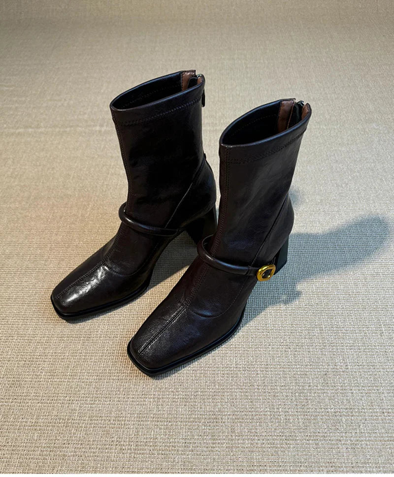 Thick Heel Elastic Slim Women Ankle Boots Fashion Square Toe Autumn Winter Ladies Elegant Mordern Short Booties