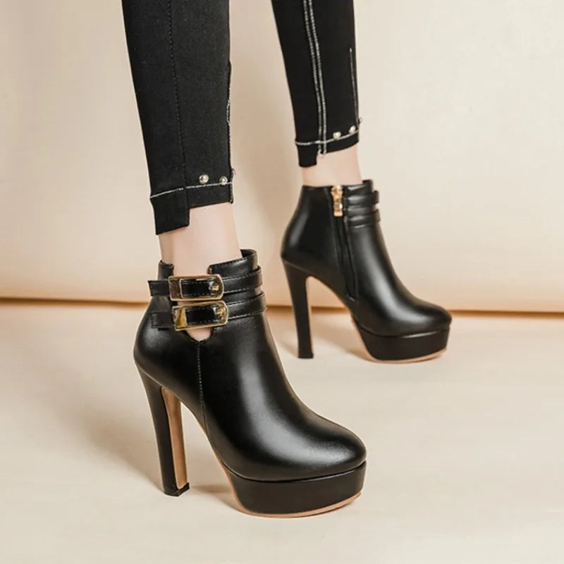 Women Boots High Heels Clogs Platform Boots-Women Shoes  Footwear Round Toe Stiletto Black Leather Rubber - Natalia Home Fashion