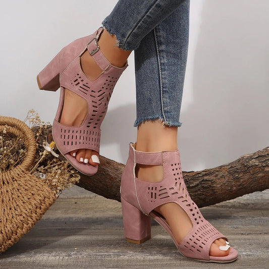 Women Fashion Strap Sexy High Heel Sandals Woman Roman Hollow Pumps Lace-up Peep Toe Sandals Casual Chunky High-heeled Sandals Natalia Home Fashion    Natalia Home Fashion