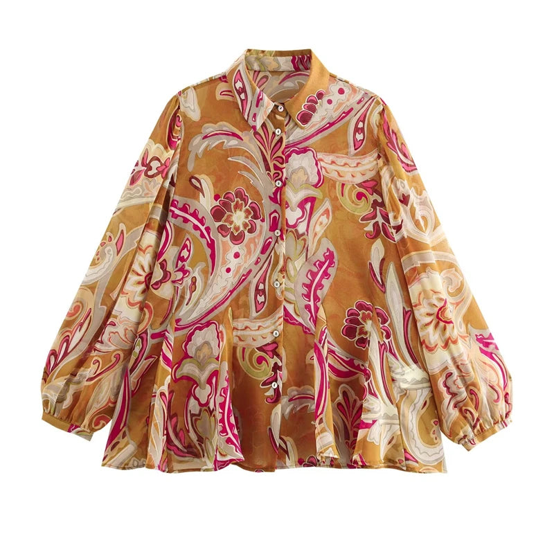 Spring New Ethnic style Flower Print Chiffon Shirt Single Breasted Tiered Ruffles Women's Sheer Top Thin Blouse