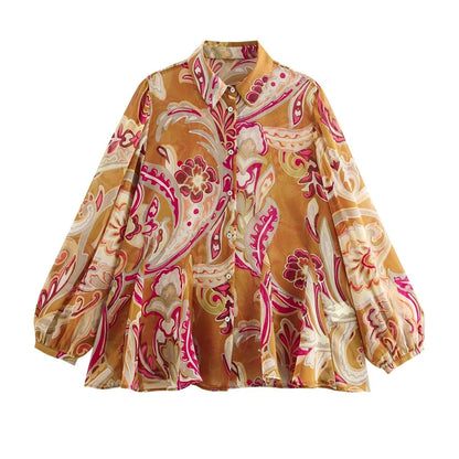 Spring New Ethnic style Flower Print Chiffon Shirt Single Breasted Tiered Ruffles Women's Sheer Top Thin Blouse