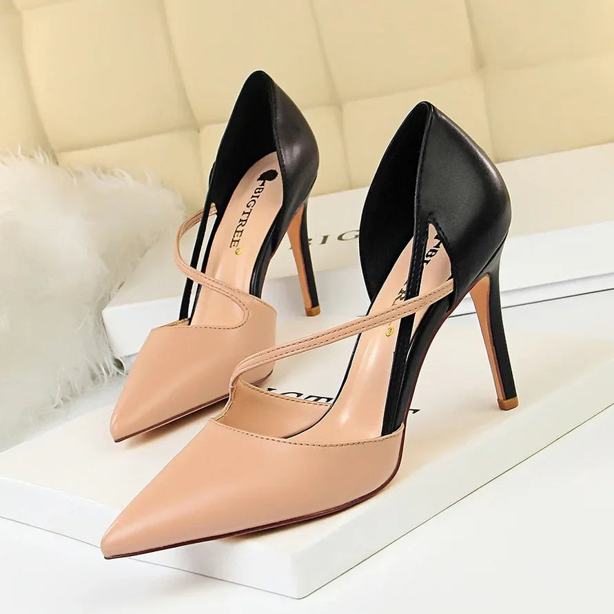 Women 9.5cm High Heels Sandals Nightclub Stripper Heels Sexy Patchwork Party Ankle Strap 2 tone Shoes