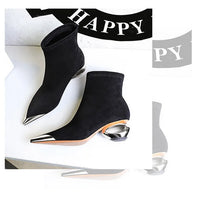 Street Style Fur Metal Hollow Heel Modern Faux Suede Short Boots for Women Metal Pointed Toe Low Heel Boots Female