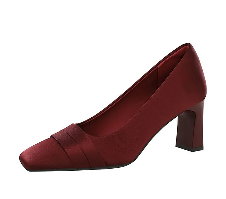Elegant Satin High Heels Square Toe Slip-On Chunky Heel Comfortable Women's Shoes for Party Fashion Footwear Summer Autumn