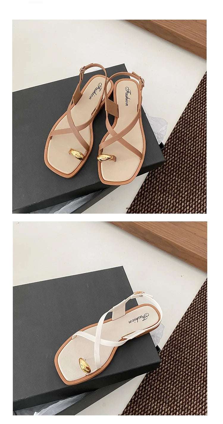 Women's Roman Style Toe-Over Sandals Flat Bottom Outdoor Wear Crossbody PVC Material Anti-Slip Low Heel Footwear