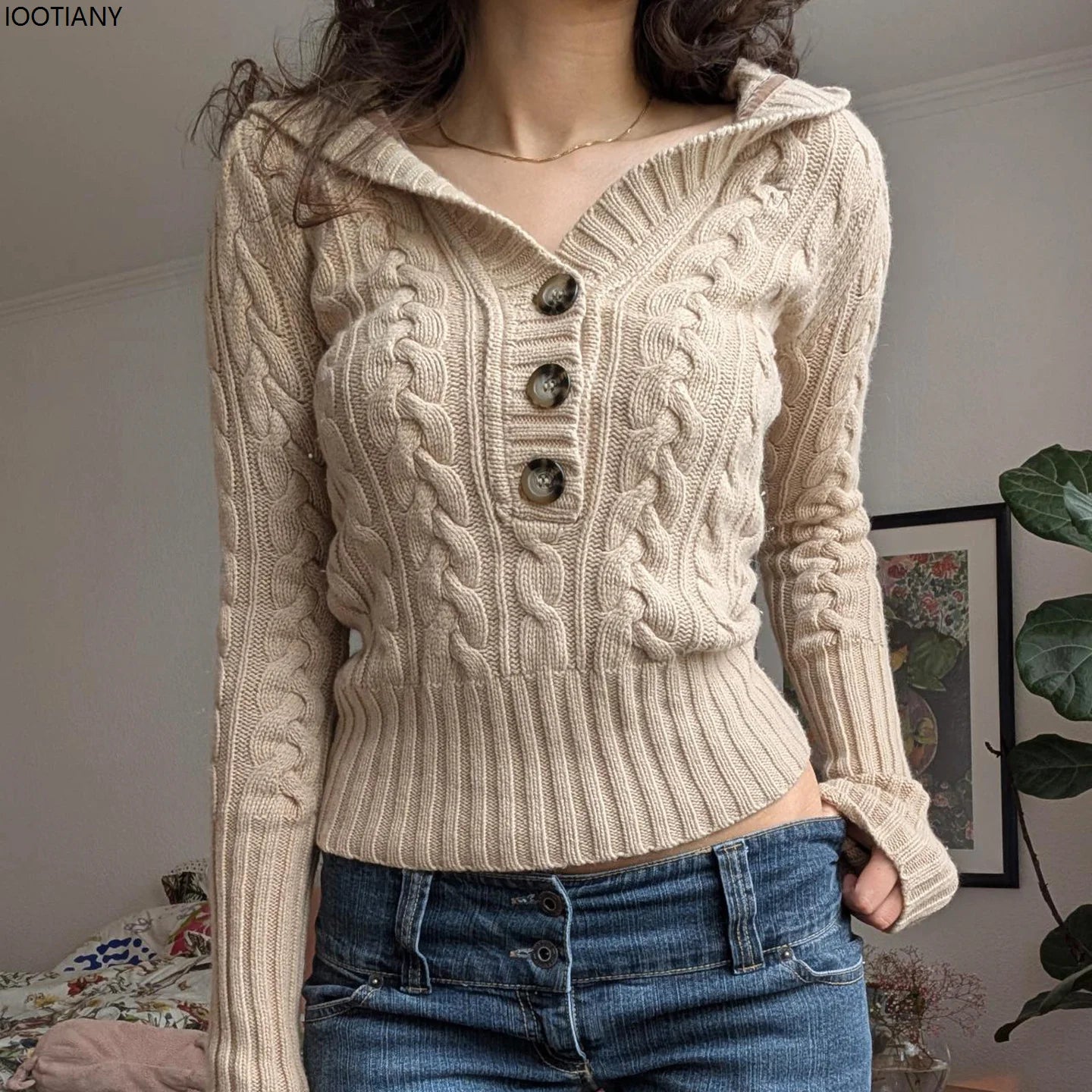 Casual And Relaxed Three-button Hooded Jumper For Women Thickened Knit Cable-knit Vintage Waist-cinching Cardigan